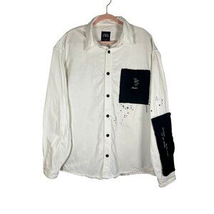 Zara Patchwork Denim Shirt White XL Don't Dream Relaxed  Oversized Neutral